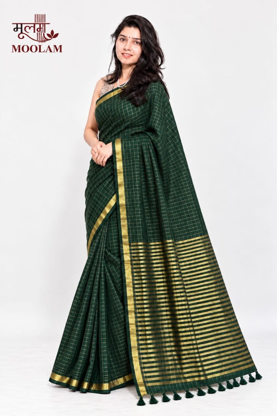 Machine Check Mul Saree – Bottle Green & Gold
