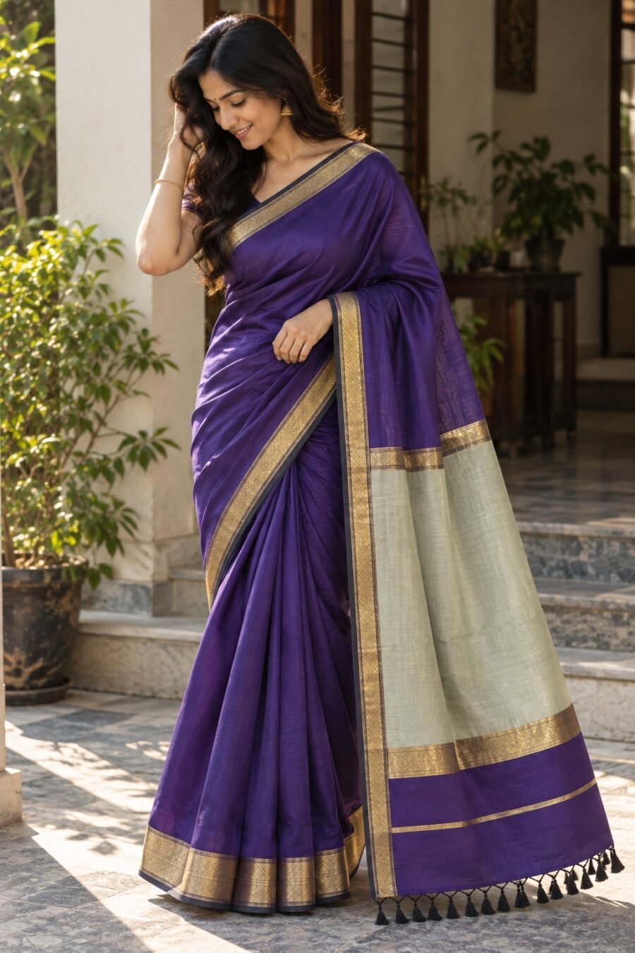 Handloom Maheshwari Saree – Royal Purple with Resham Border